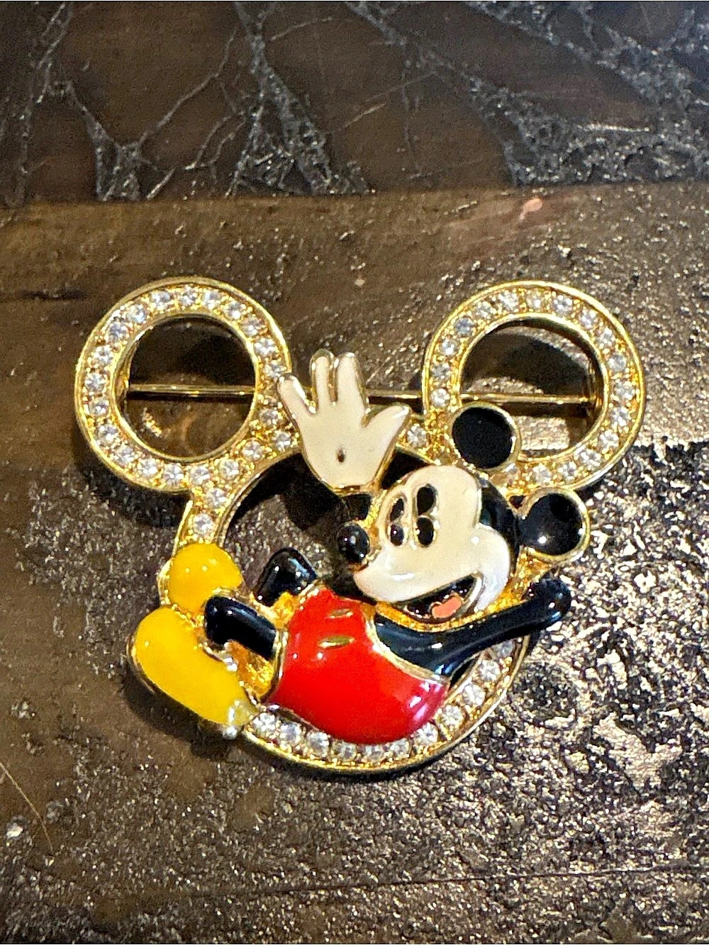 VTG Disney Van Dell Mickey Mouse Enamel Rhinestone Brooch Pin Gold Tone